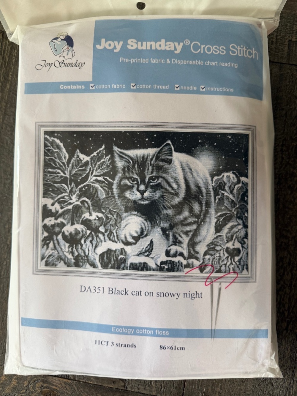 Snowy Night Cat Joy Sunday Pre-Printed Cross Stitch Kit 11ct Aida - NEW